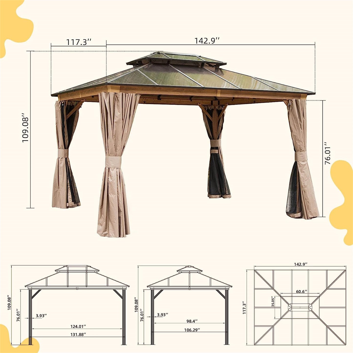 10'x12' Hardtop Gazebo - Aluminum Pavilion with Polycarbonate Roof & Privacy Netting