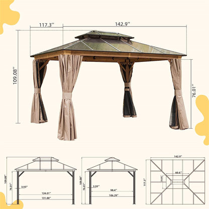 10'x12' Hardtop Gazebo - Aluminum Pavilion with Polycarbonate Roof & Privacy Netting