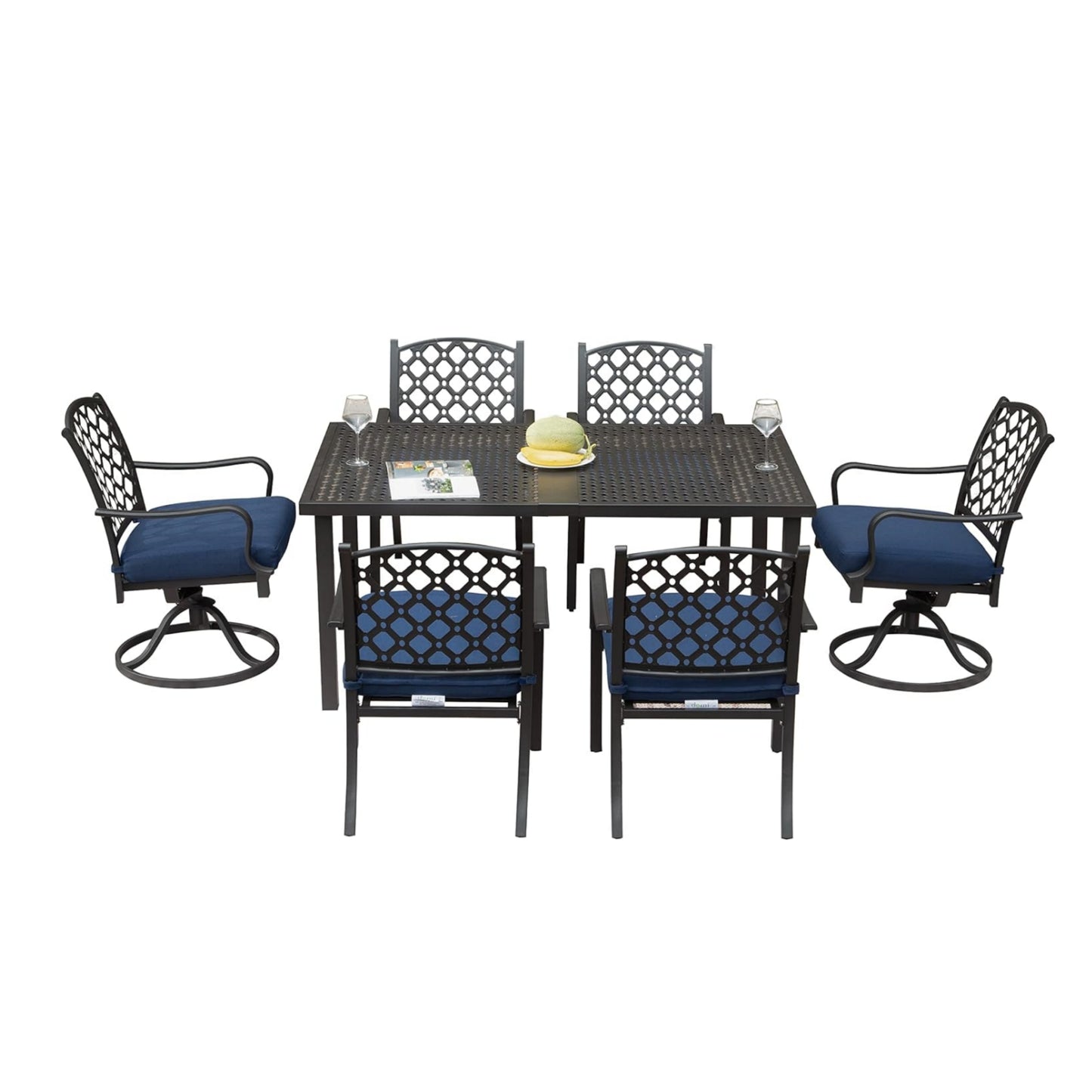Navy Blue Metal Patio Dining Set 7 Piece Outdoor Conversation Table with Cushions