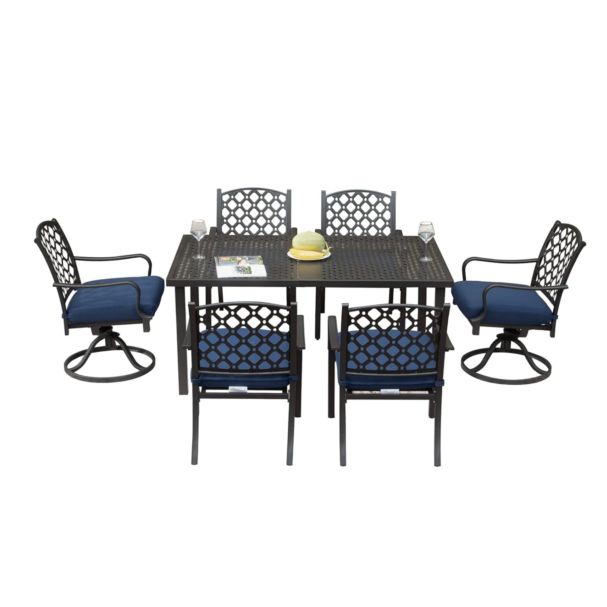 Navy Blue Metal Patio Dining Set 7 Piece Outdoor Conversation Table with Cushions