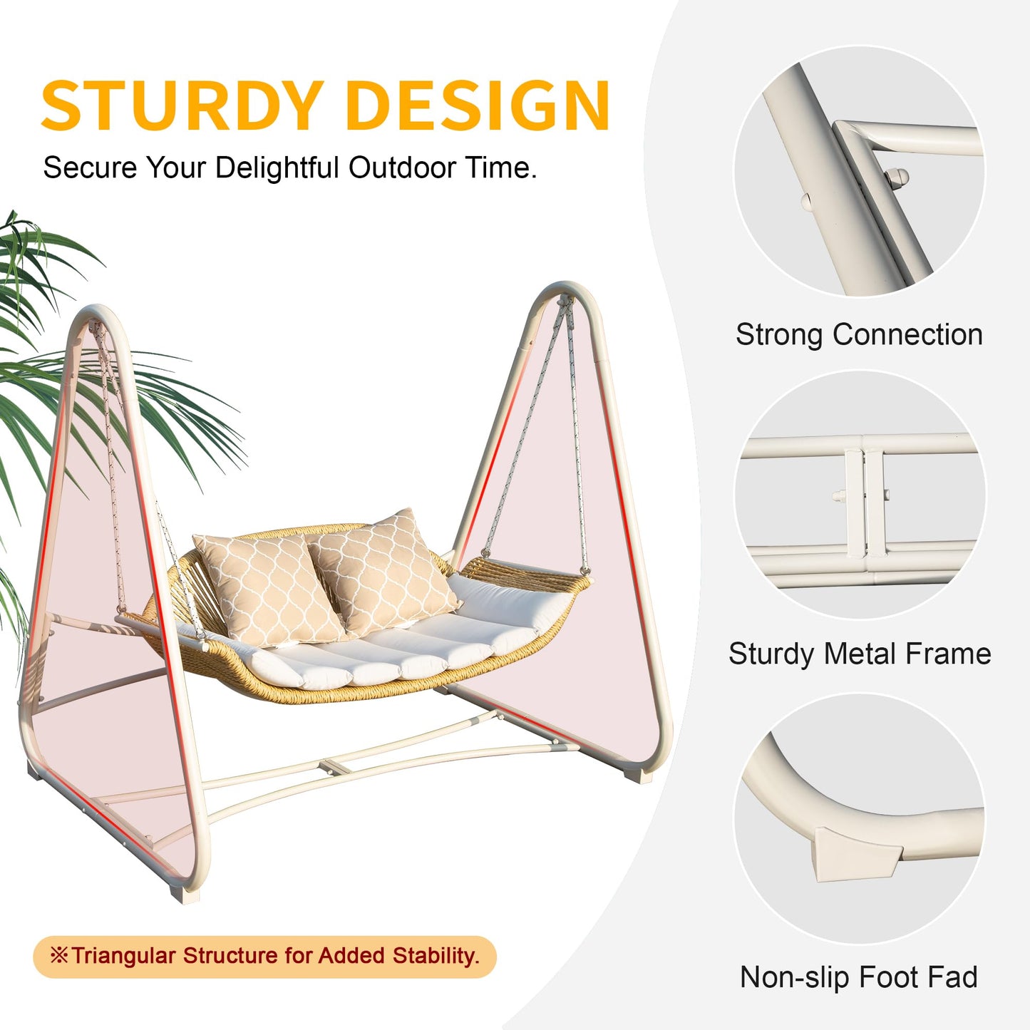 2 Person White Steel Patio Swing Chair with Cushions