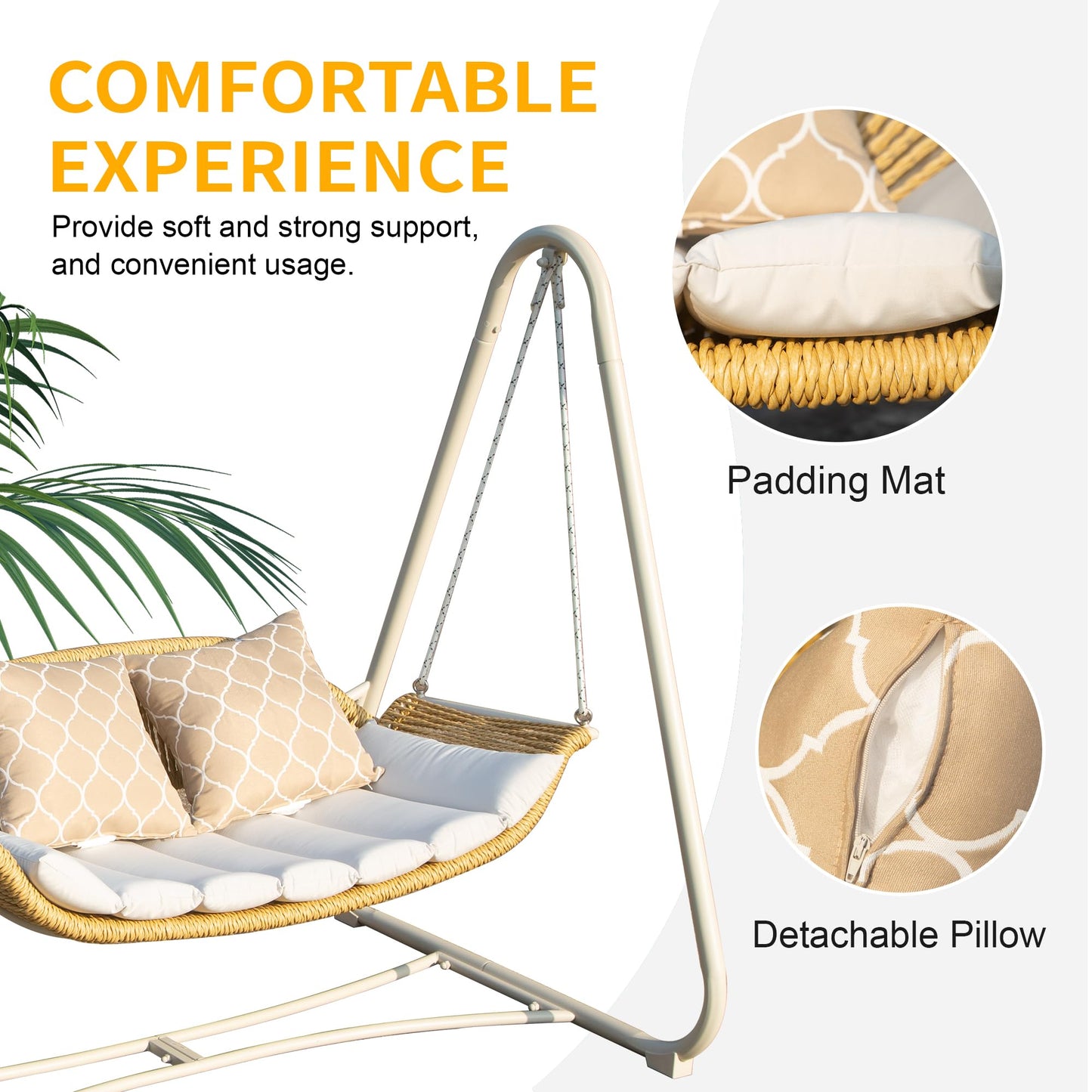 2 Person White Steel Patio Swing Chair with Cushions