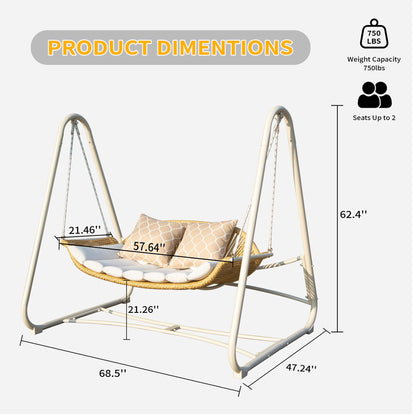 2 Person White Steel Patio Swing Chair with Cushions