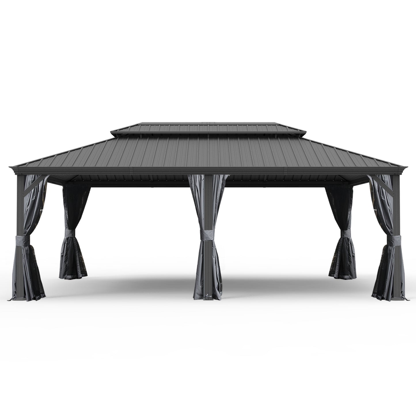 14' X 24' Hardtop Gazebo, Upgraded Metal Gazebo with Drainage System, Dual-Layer Galvanized Steel Roof, Curtain and Netting, Outdoor Shelter Canopy for Patio, Garden, and Backyard, Grey