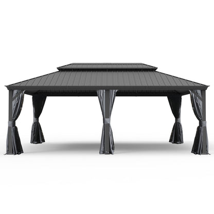 14' X 24' Hardtop Gazebo, Upgraded Metal Gazebo with Drainage System, Dual-Layer Galvanized Steel Roof, Curtain and Netting, Outdoor Shelter Canopy for Patio, Garden, and Backyard, Grey