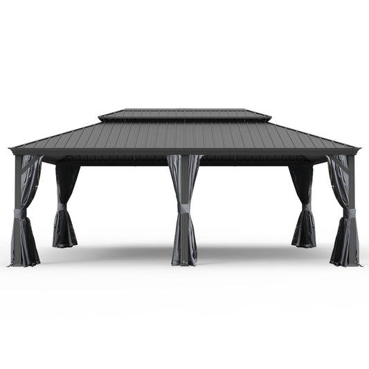 14' X 24' Hardtop Gazebo, Upgraded Metal Gazebo with Drainage System, Dual-Layer Galvanized Steel Roof, Curtain and Netting, Outdoor Shelter Canopy for Patio, Garden, and Backyard, Grey