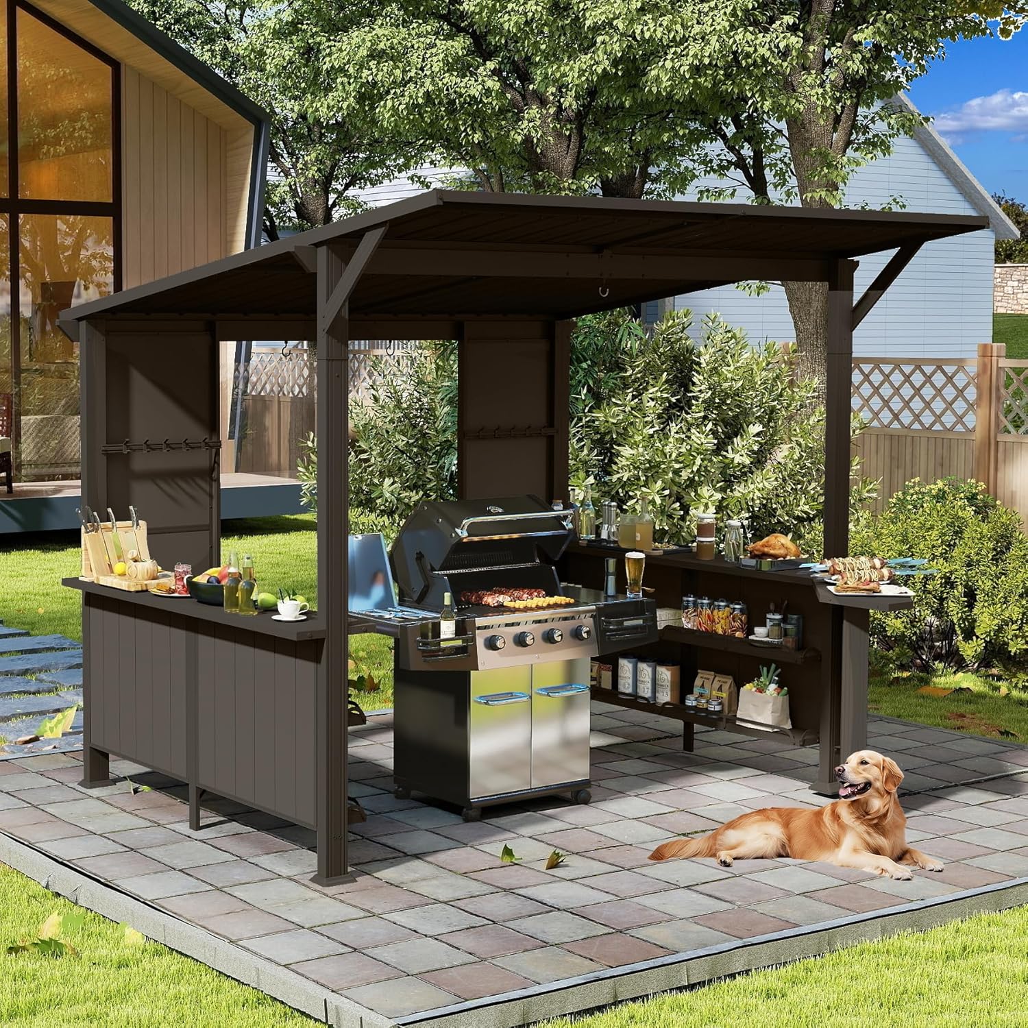 9x10FT Brown Steel Gazebo - Outdoor BBQ Grill Canopy