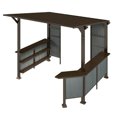 9X10FT Hardtop Grill Gazebo, Lean to Outdoor BBQ Gazebo with Storage Shelves and Expansion Platform, Galvanized Steel Permanent Hard top Grill Canopy for Patio Backyard Lawn Garden -Brown