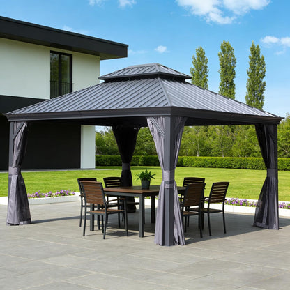 13x15FT Outdoor Gazebo, Hardtop Gazebo with Galvanized Steel Double Roof, Metal Gazebos with Drainage System Patio Pergola for Patio Deck Backyard,Curtain and Netting,Gray