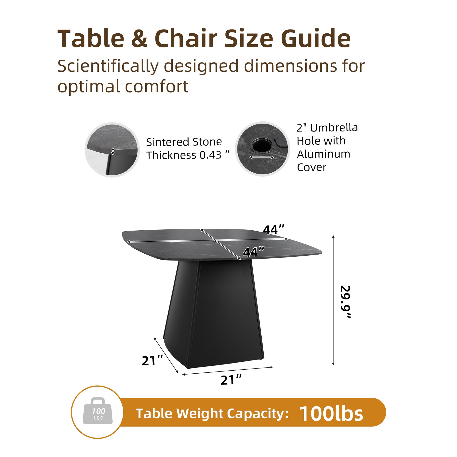 Ember Black Outdoor Dining Table – 44" Rounded Square Patio Set