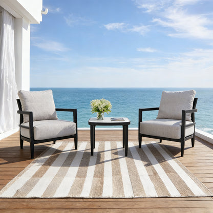 3PC Outdoor Aluminum Patio Furniture, Modern Fully Weld Club Chair Chat Set, Sunbrella Cushions and Elegance Arc 23.6'' Side Table with Greek White Marble-Inspired Sintered Stone Top, Ember Black