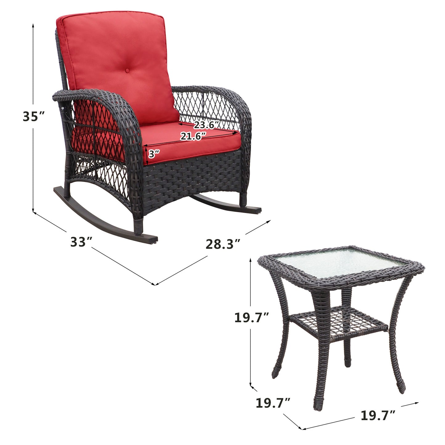 3 Piece Red Wicker Rocking Patio Conversation Set - Outdoor Bistro Furniture