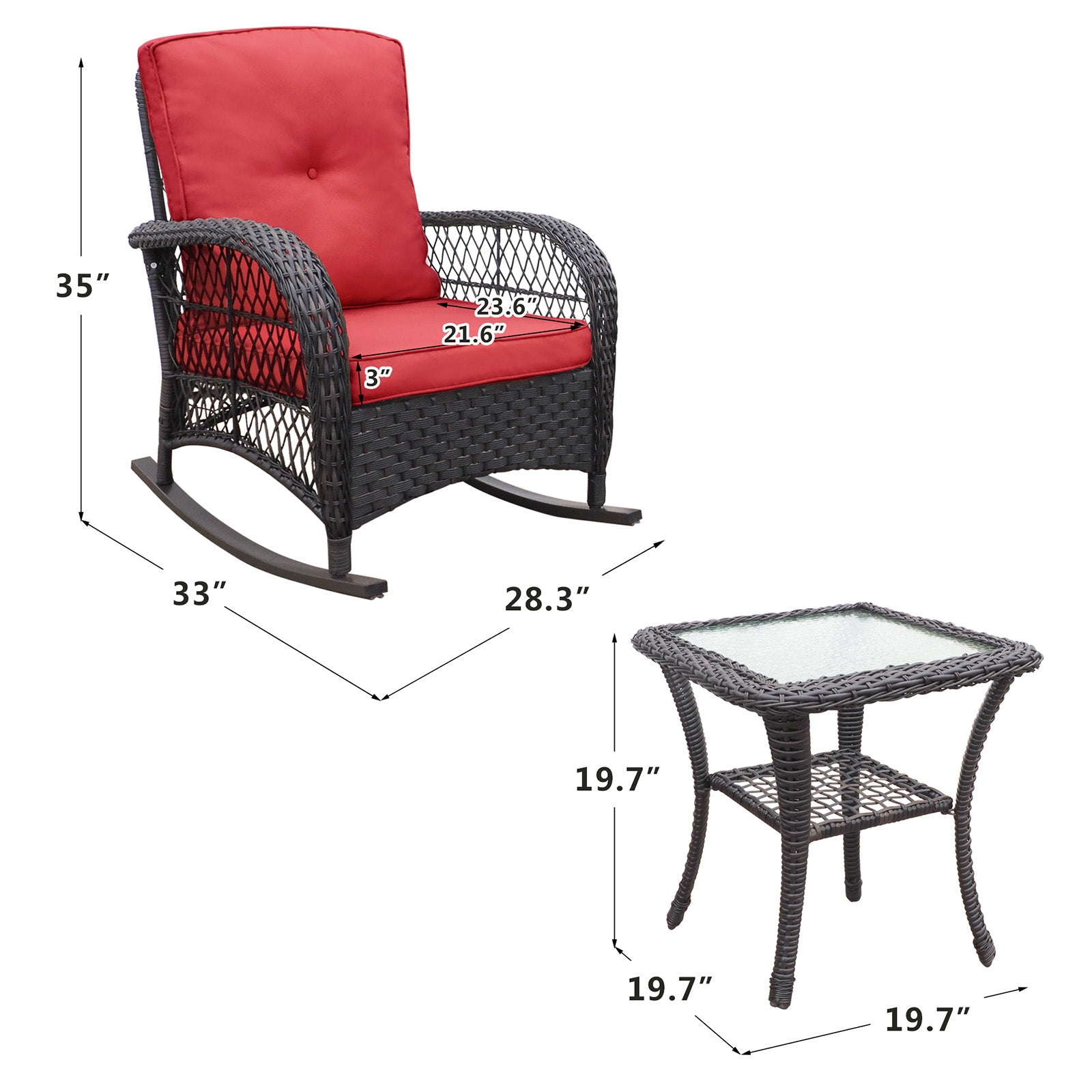 3 Piece Red Wicker Rocking Patio Conversation Set - Outdoor Bistro Furniture