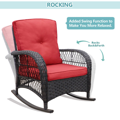 3 Piece Red Wicker Rocking Patio Conversation Set - Outdoor Bistro Furniture