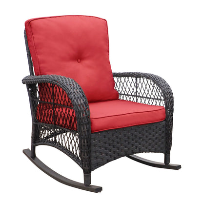 3 Piece Red Wicker Rocking Patio Conversation Set - Outdoor Bistro Furniture