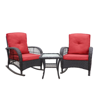 3 Pieces Conversation Set, Outdoor Wicker Rocker Patio Bistro Set,  Rocking Chair with Glass Top Side Table
