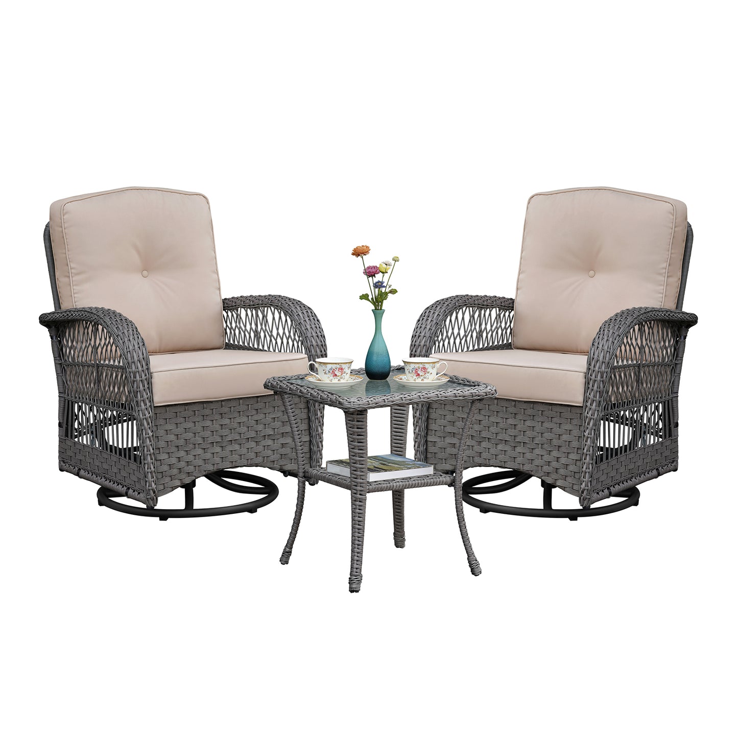 3 Pieces Conversation Set, Outdoor Wicker Rocker Swivel  Patio Bistro Set,  Rocking Chair with Glass Top Side Table,Grey