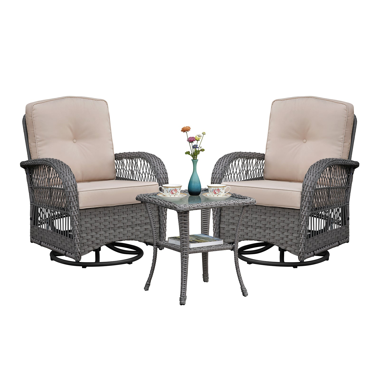 3 Pieces Conversation Set, Outdoor Wicker Rocker Swivel  Patio Bistro Set,  Rocking Chair with Glass Top Side Table,Grey