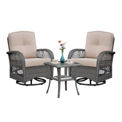 3 Pieces Conversation Set, Outdoor Wicker Rocker Swivel  Patio Bistro Set,  Rocking Chair with Glass Top Side Table,Grey