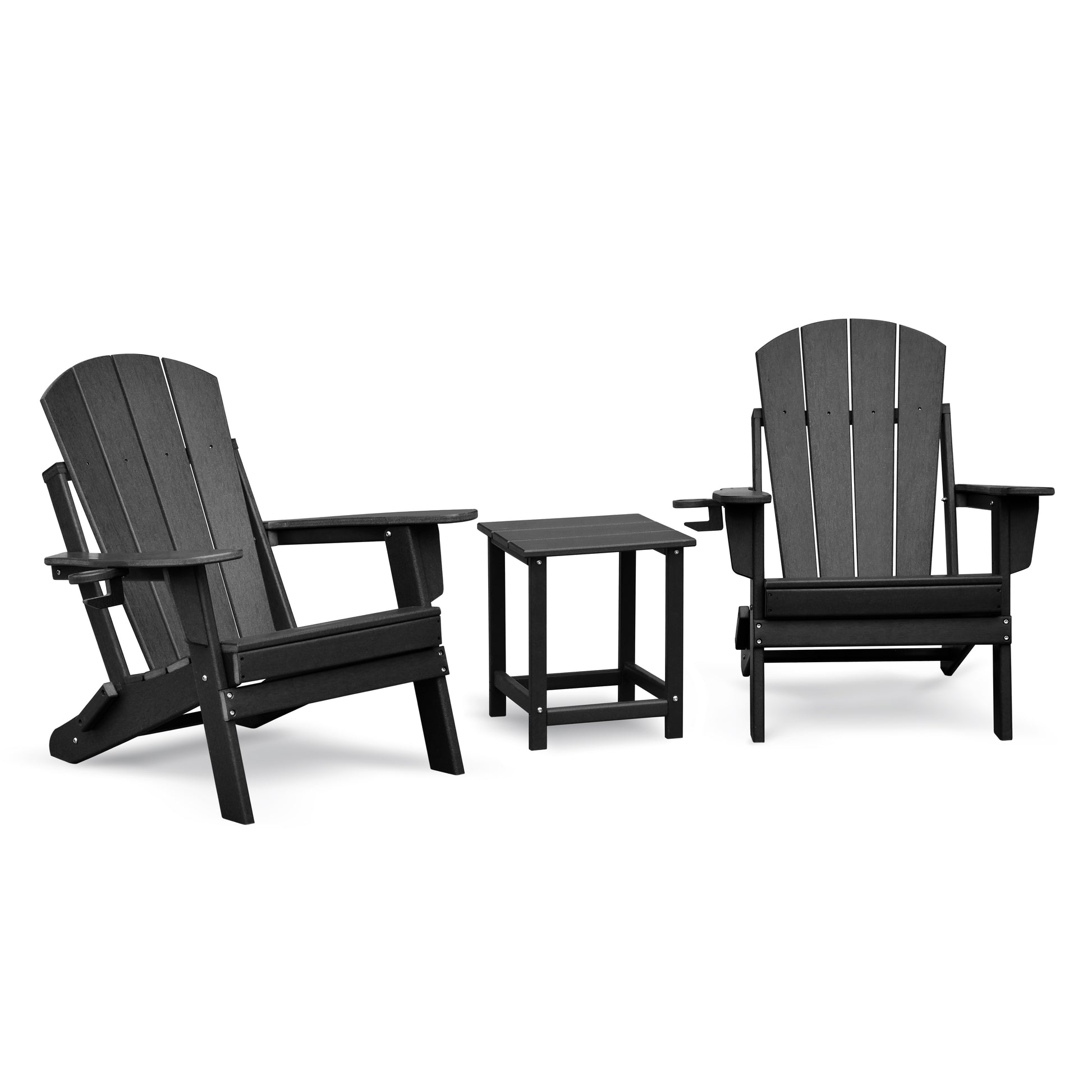 Folding Outdoor Adirondack Chair Set of 2 and Table Set,HDPE All-weather Folding Fire Pit Chair,  Ergonomic Design Patio Lawn Chair for Outside Deck Garden Backyardf Balcony, Black