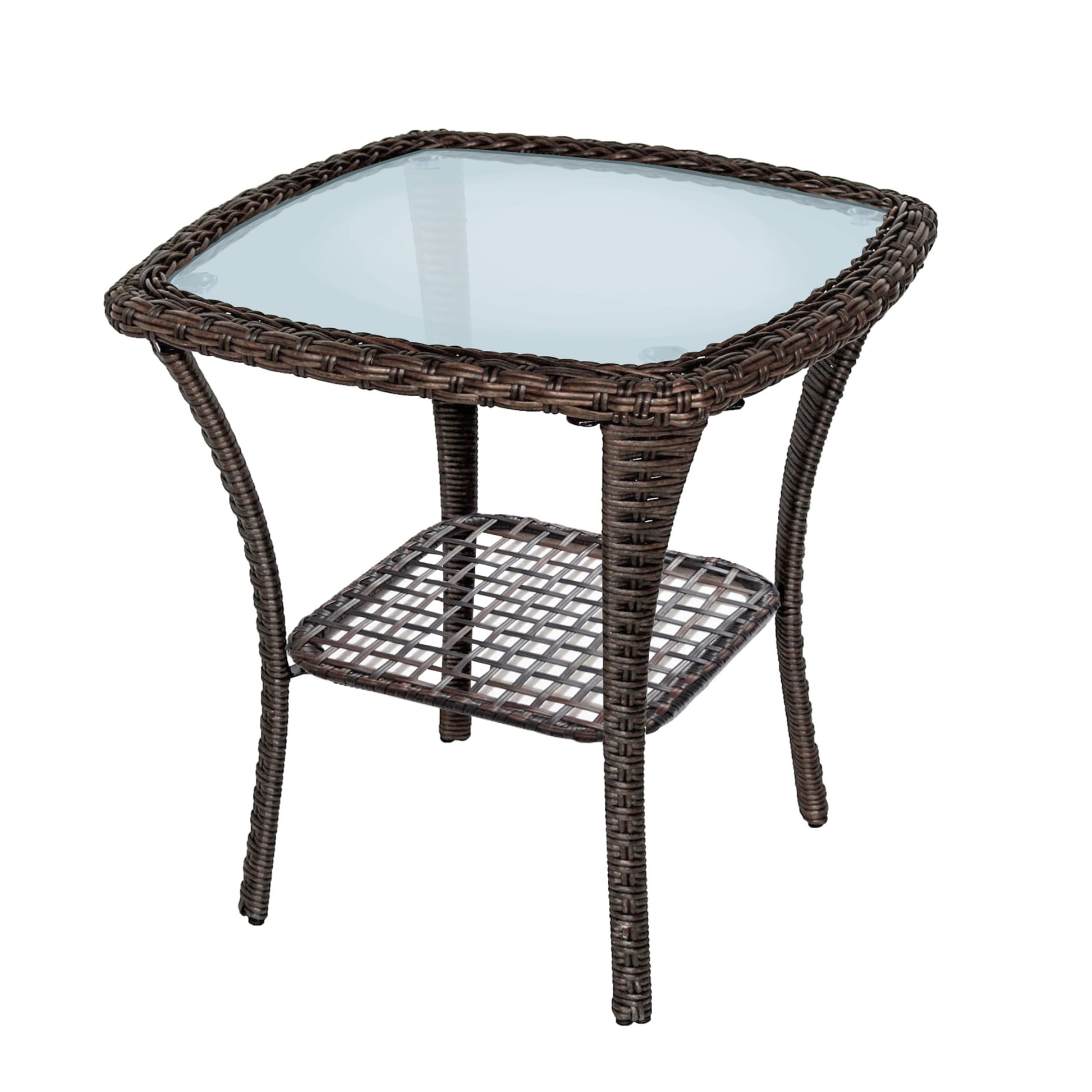 Outdoor Side Table, Indoor Outdoor Glass Top Wicker Coffee Bistro Table, All-Weather Patio Square Storage End Table, Steel Frame, 20''x 20''x20''