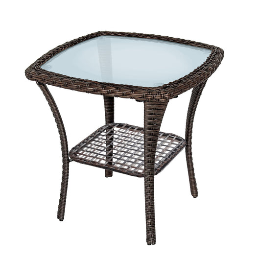 Outdoor Side Table, Indoor Outdoor Glass Top Wicker Coffee Bistro Table, All-Weather Patio Square Storage End Table, Steel Frame, 20''x 20''x20''