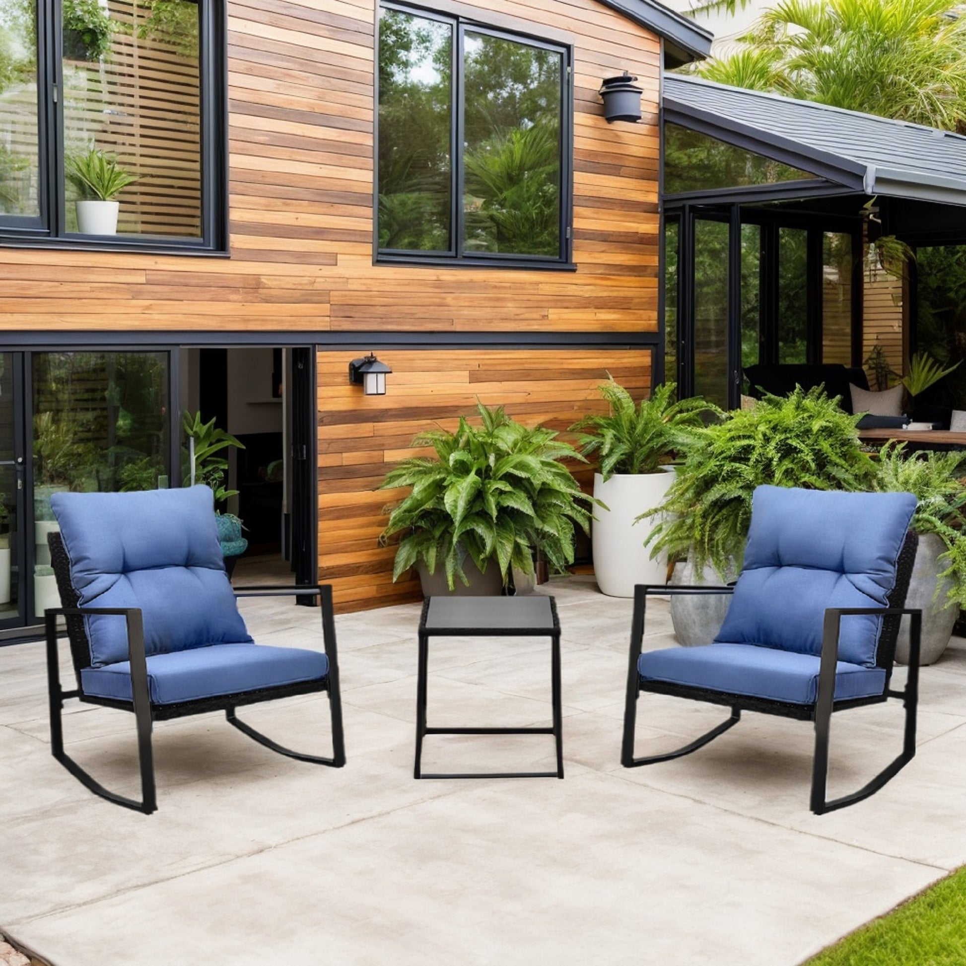 Blue 2-Person Patio Bistro Set Outdoor Dining Table with Cushions