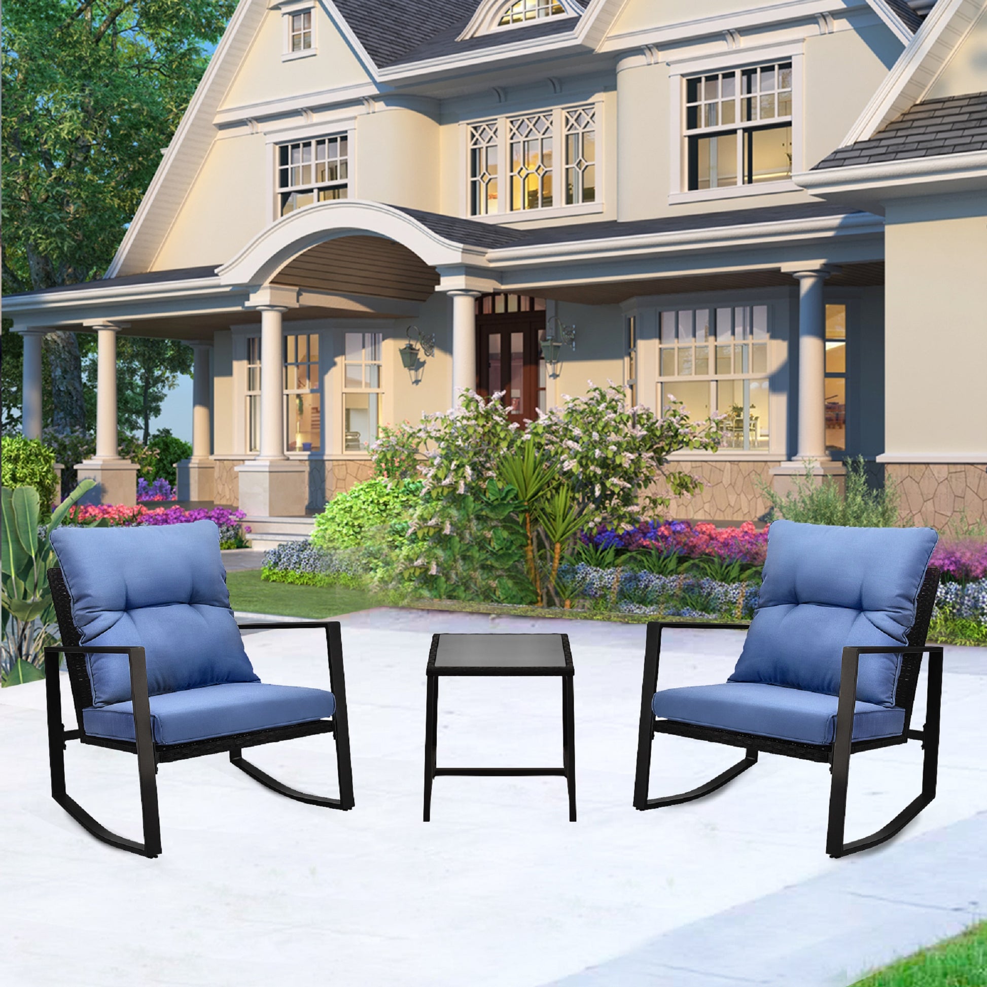 Blue 2-Person Patio Bistro Set Outdoor Dining Table with Cushions