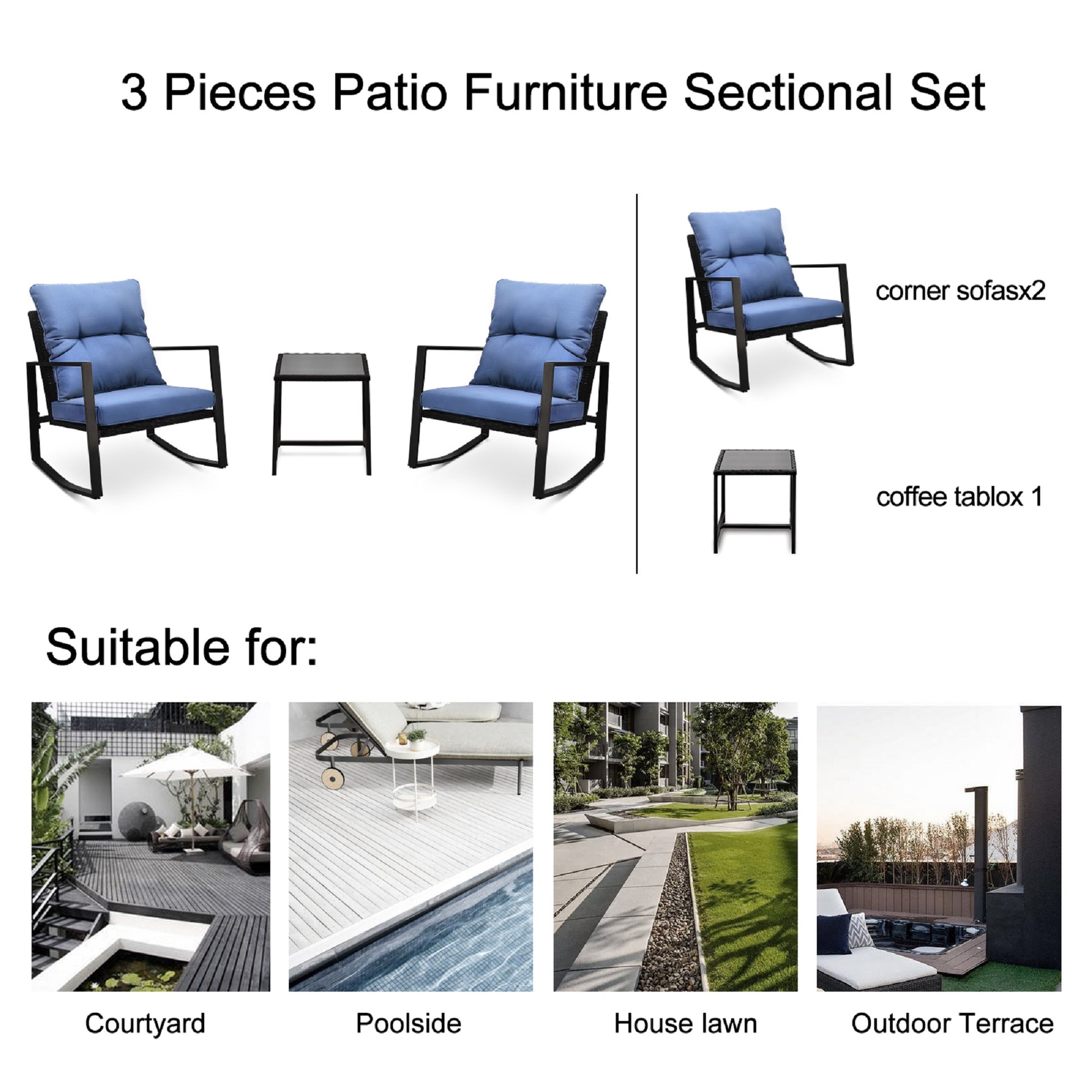 Blue 2-Person Patio Bistro Set Outdoor Dining Table with Cushions