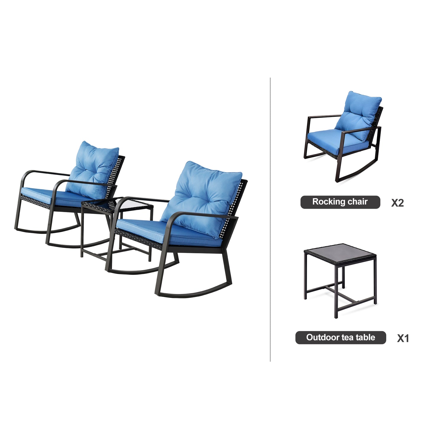Blue 2-Person Patio Bistro Set Outdoor Dining Table with Cushions