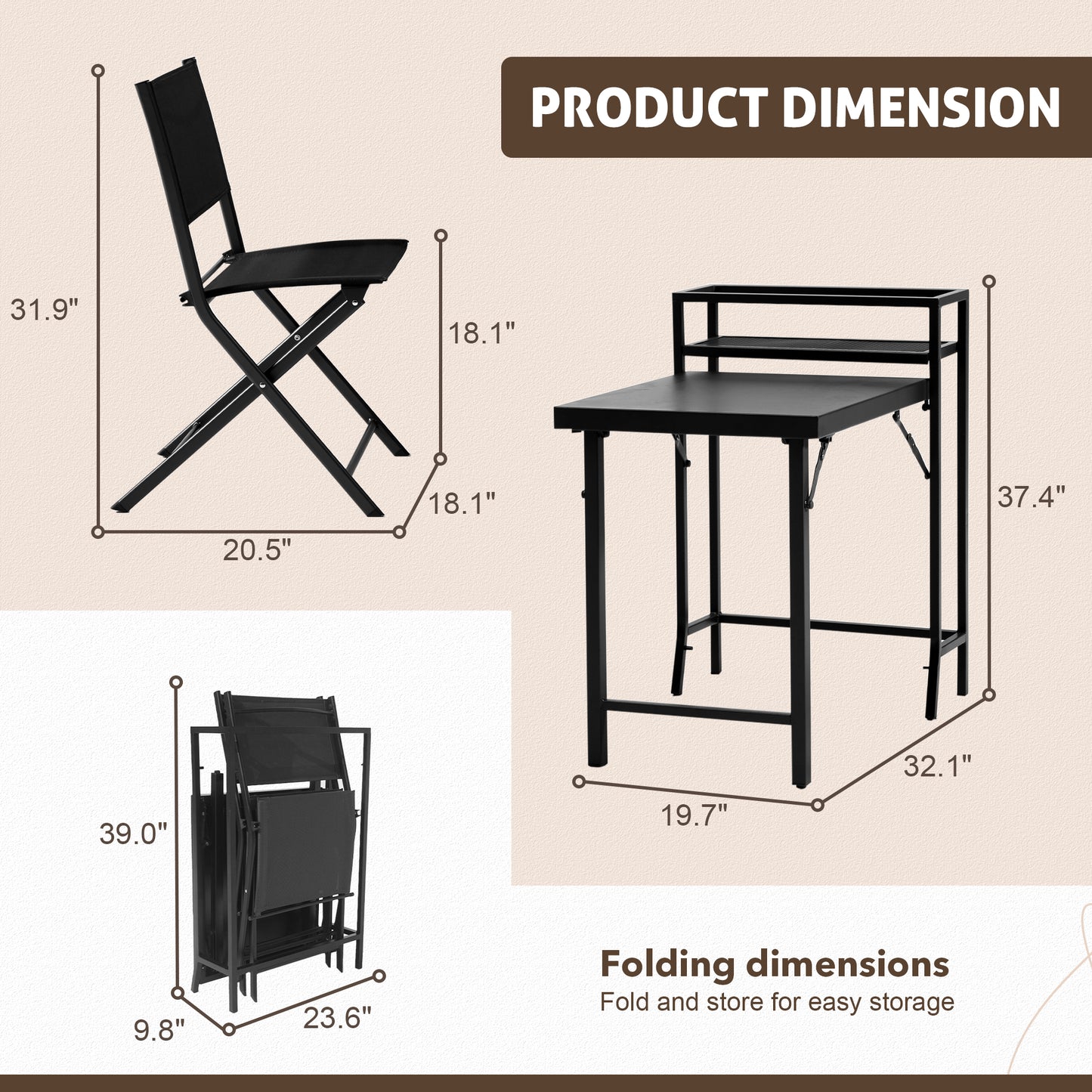 Black 2 Person Patio Bistro Set - Folding Outdoor Table and Chairs