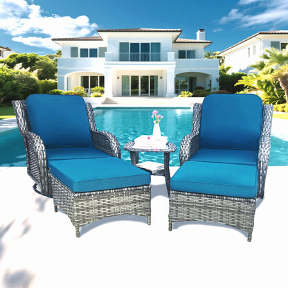 Blue+Grey Rattan Patio Rocker Glider Set - 5 Piece Outdoor Conversation Furniture