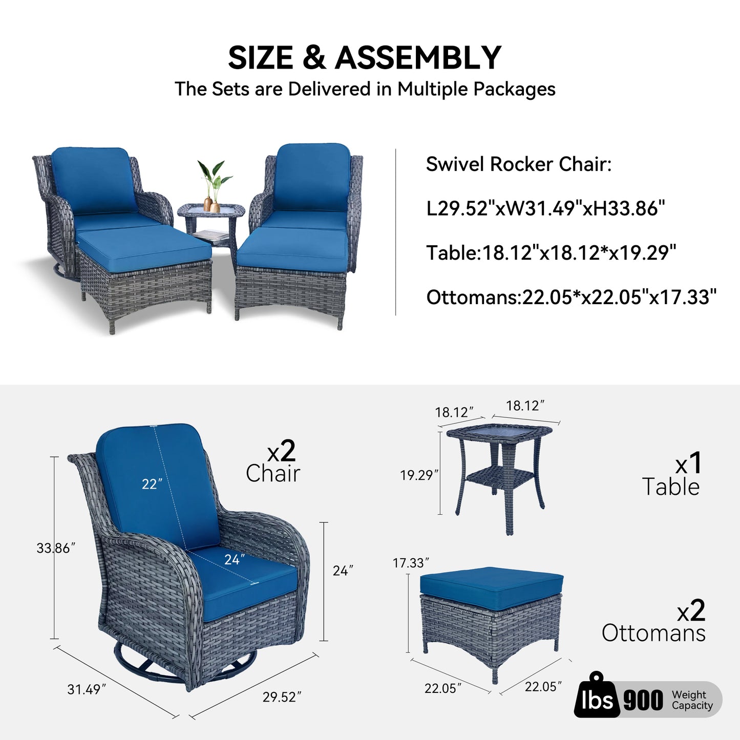 Blue+Grey Rattan Patio Rocker Glider Set - 5 Piece Outdoor Conversation Furniture