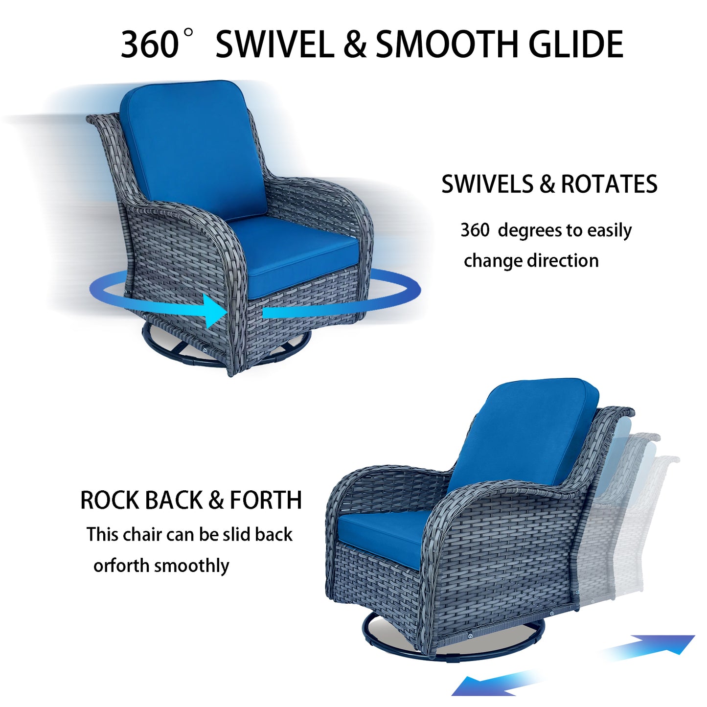 Blue+Grey Rattan Patio Rocker Glider Set - 5 Piece Outdoor Conversation Furniture