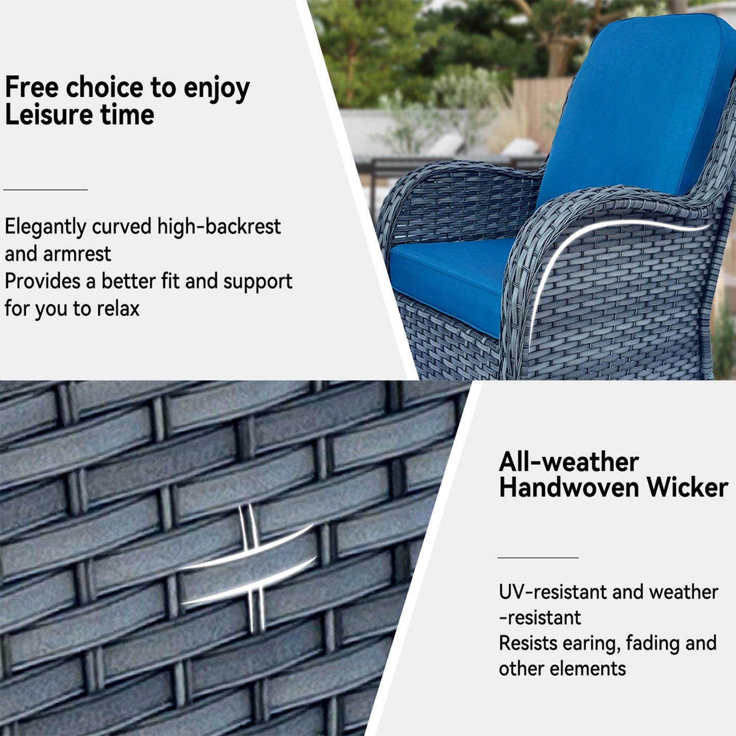 Blue+Grey Rattan Patio Rocker Glider Set - 5 Piece Outdoor Conversation Furniture