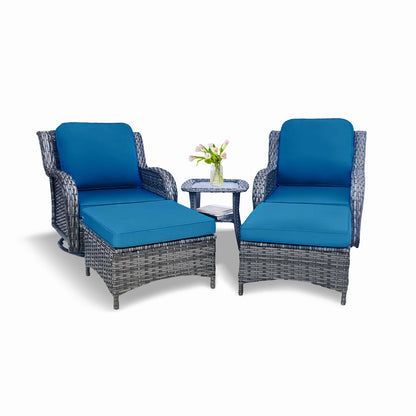 Blue+Grey Rattan Patio Rocker Glider Set - 5 Piece Outdoor Conversation Furniture