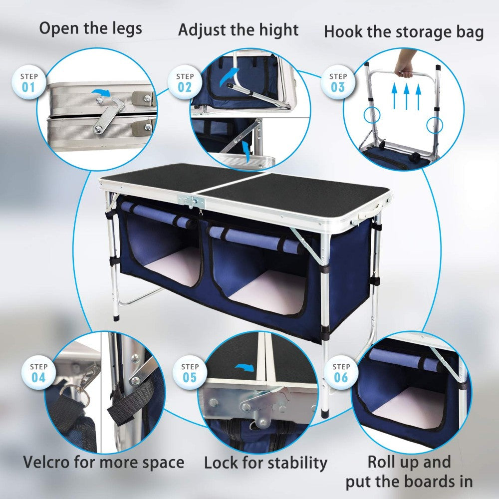 Black Metal Folding Camping Table with Storage