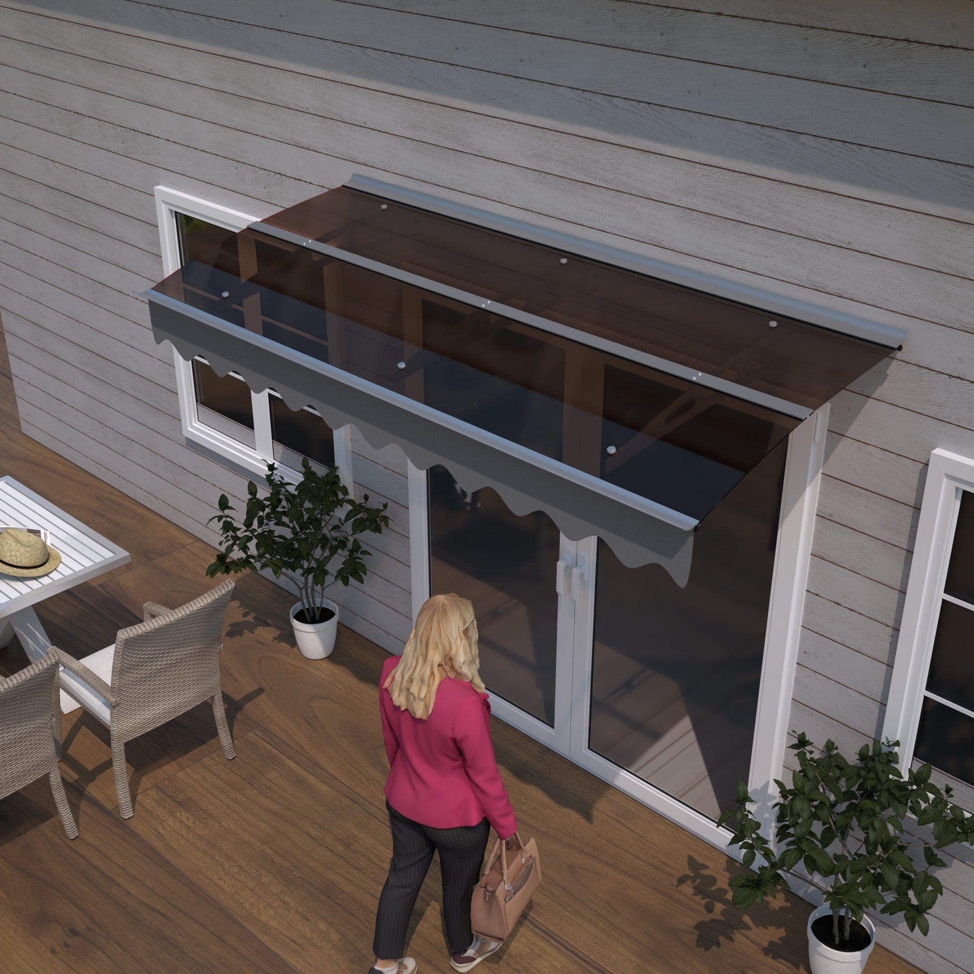 79" x 34" Window Awnings Door Entrance Canopy, Aluminum Alloy Bracket, 0.137 Inch Thick Crystal Solid Polycarbonate Sheet with Valance for Wooden Wall House (DA7934W Series Brown Roof)