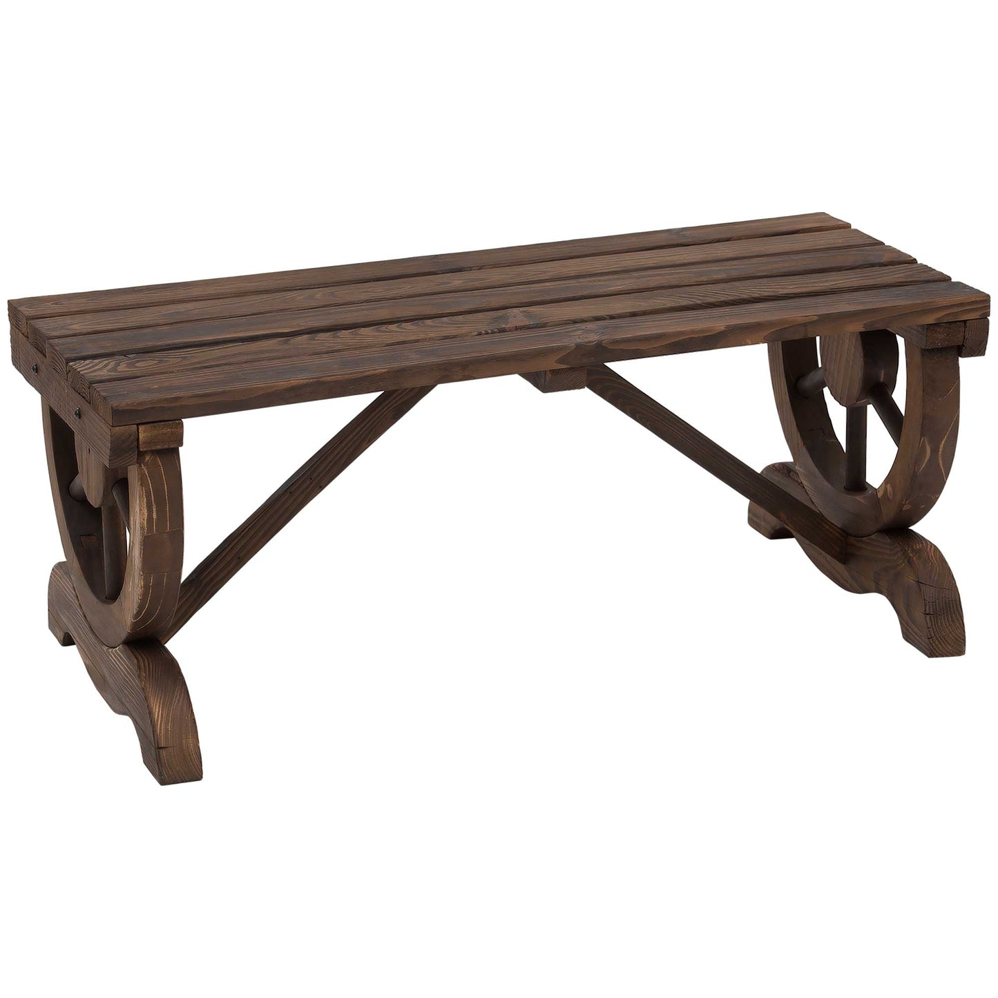 Outsunny 2-Person Wooden Garden Bench, Outdoor Wagon Wheel Porch Bench for Backyard Garden, Support 550 LBS, Rustic Country Style Patio Furniture, Brown