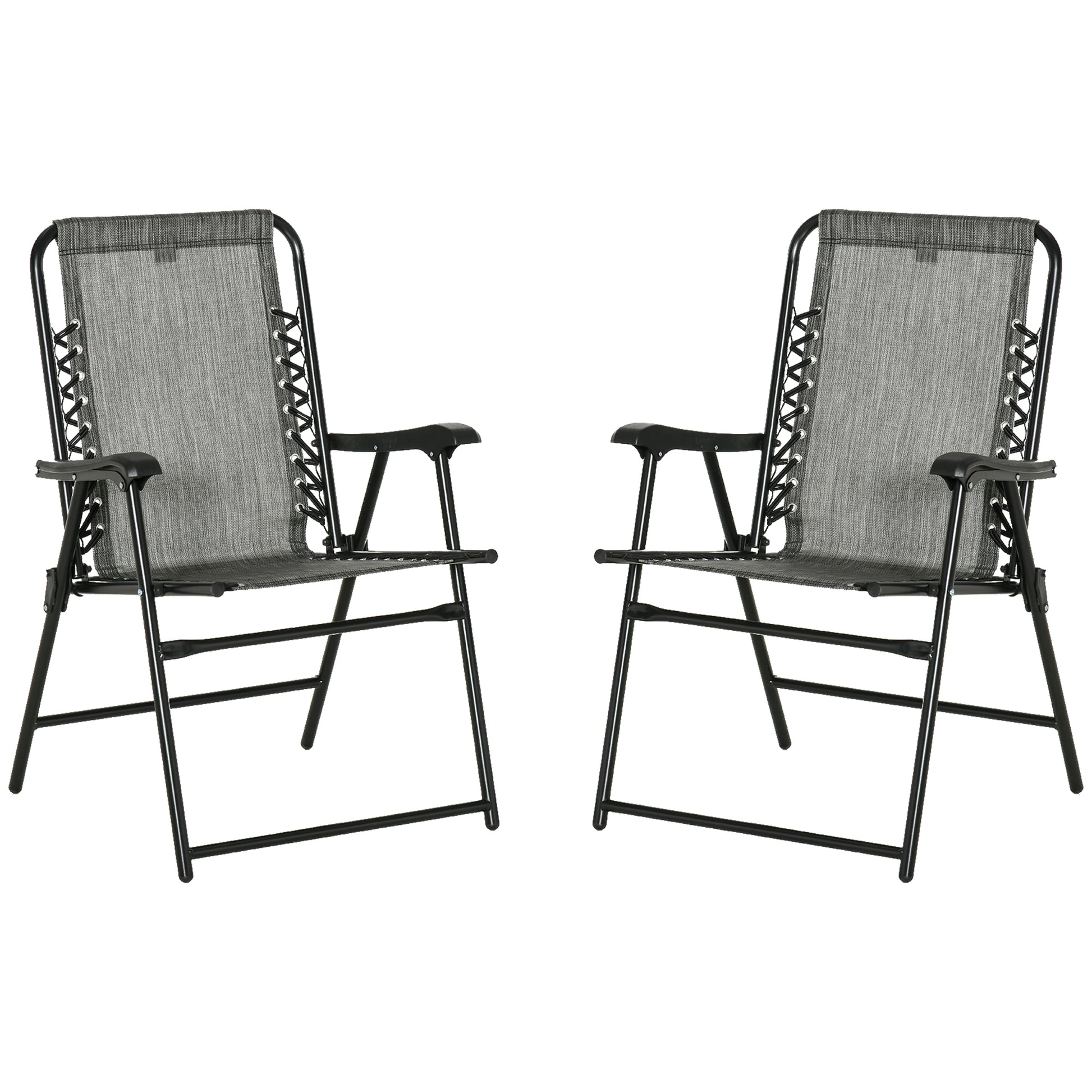 Outsunny Set of 2 Patio Folding Chairs, Outdoor Bungee Sling Chairs w/ Armrests, Portable Lawn Chairs for Camping, Garden, Pool, Beach, Backyard, Gray