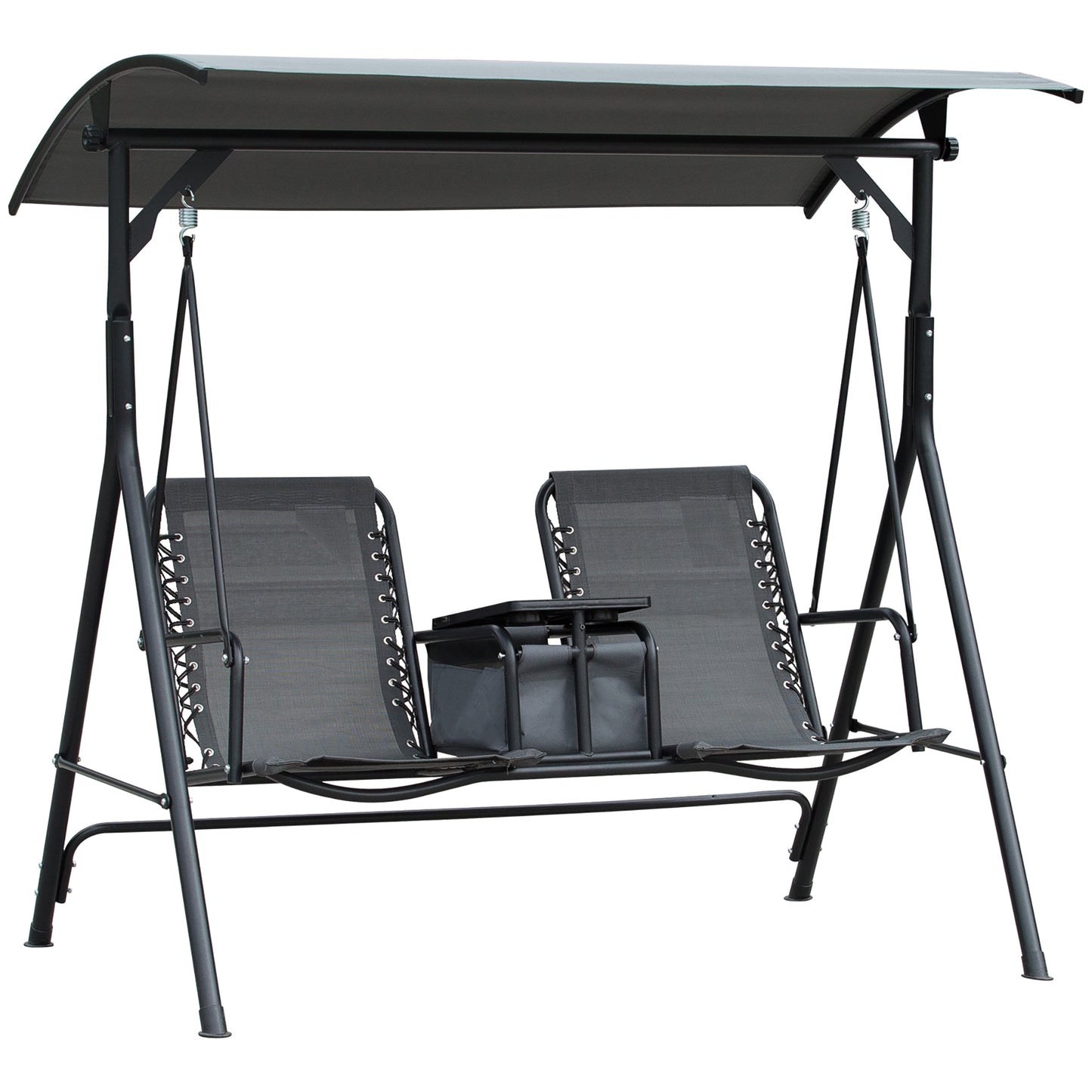 Outsunny 2-Seat Patio Swing Chair, Outdoor Canopy Swing Glider with Pivot Storage Table, Cup Holder, Adjustable Shade, Bungie Seat Suspension and Weather Resistant Steel Frame, Grey