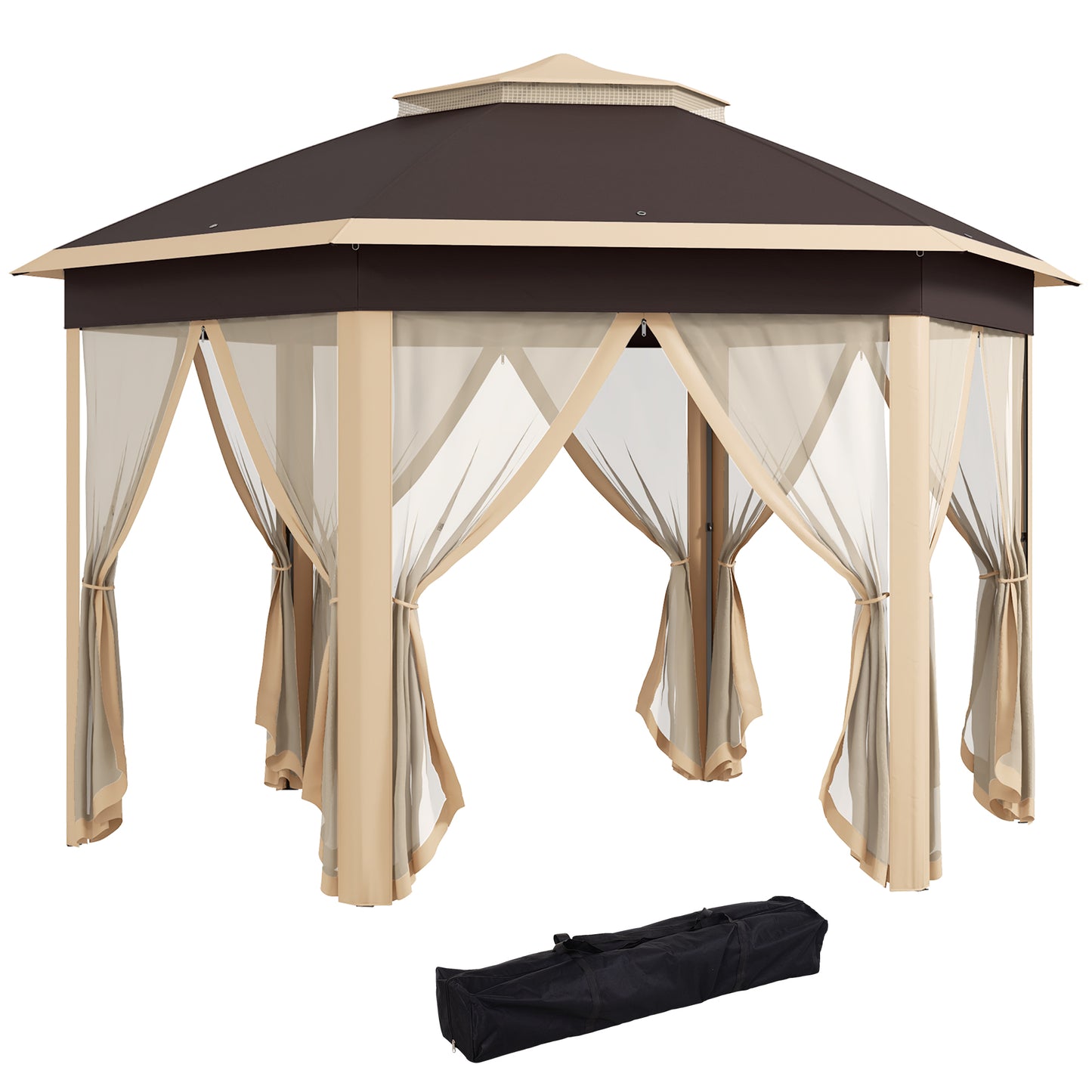 Outsunny 13' x 13' Pop Up Gazebo, Hexagonal Canopy Shelter with 6 Zippered Mesh Netting, Event Tent with Strong Steel Frame for Patio, Backyard, Garden, Wedding, Party, Beige