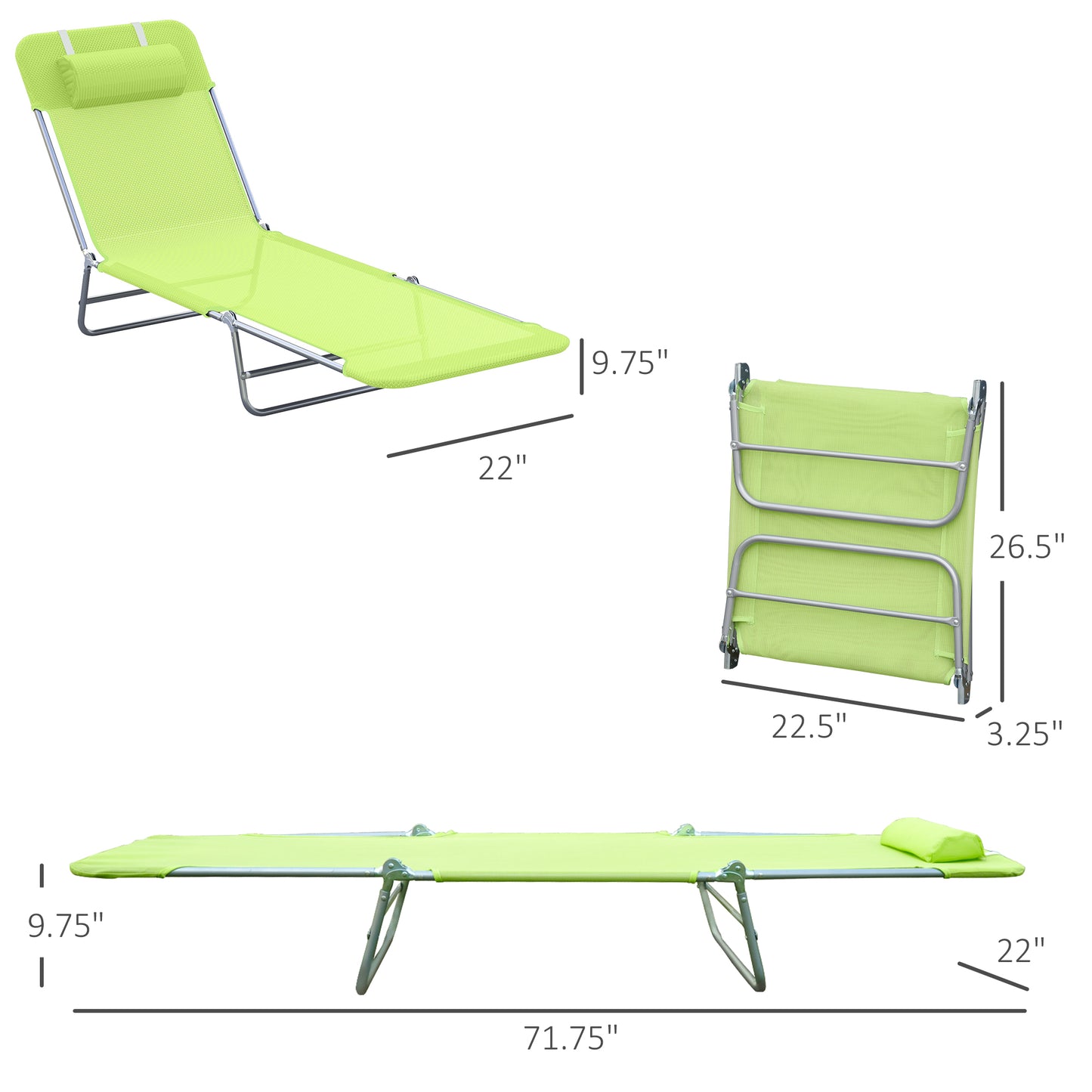Folding Green Steel Patio Lounge Chair - Outdoor Sun Chair
