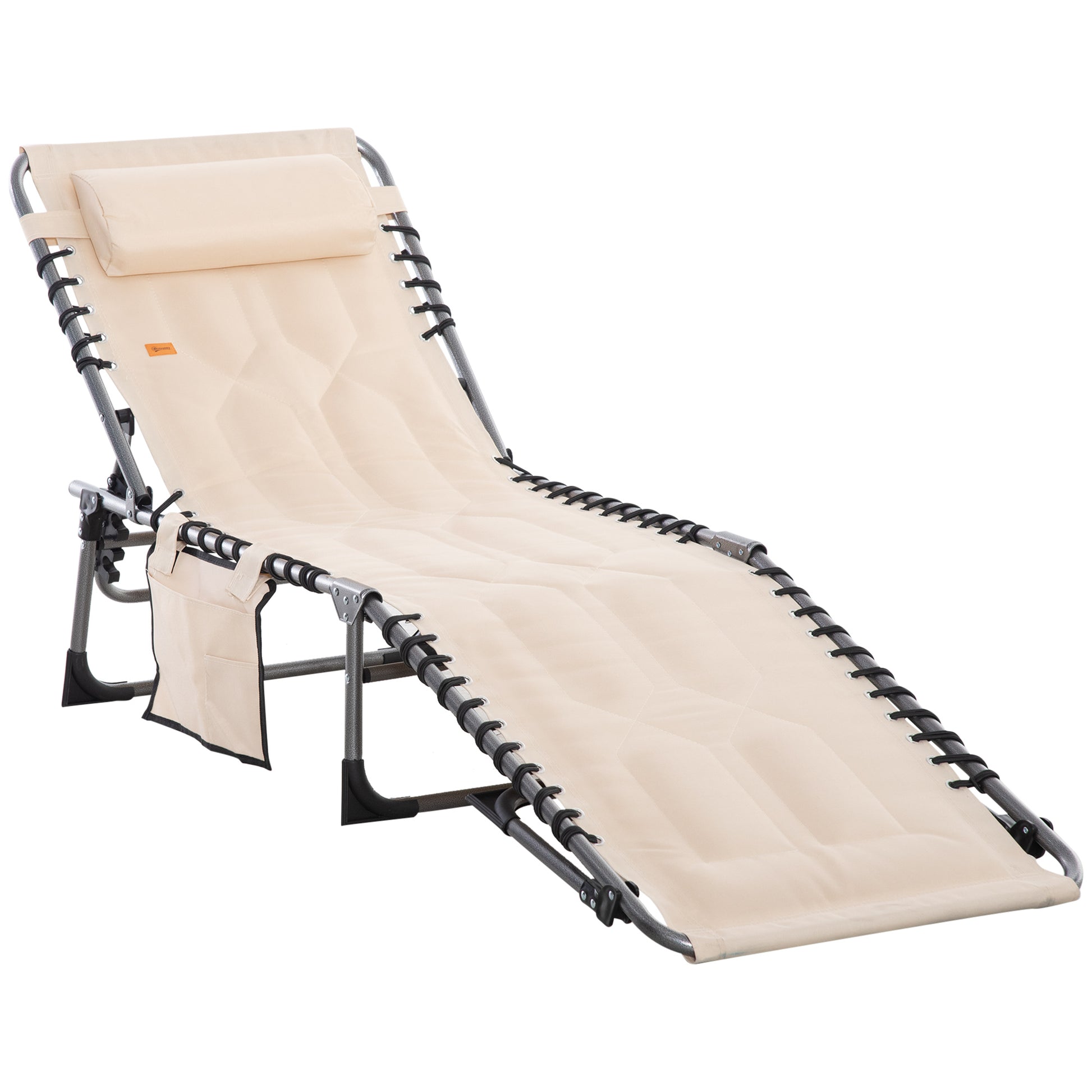 Outsunny Padded Folding Chaise Lounge Chair, Outdoor 6-Level Reclining Camping Tanning Chair with Headrest for Beach, Yard, Patio, Pool, Beige