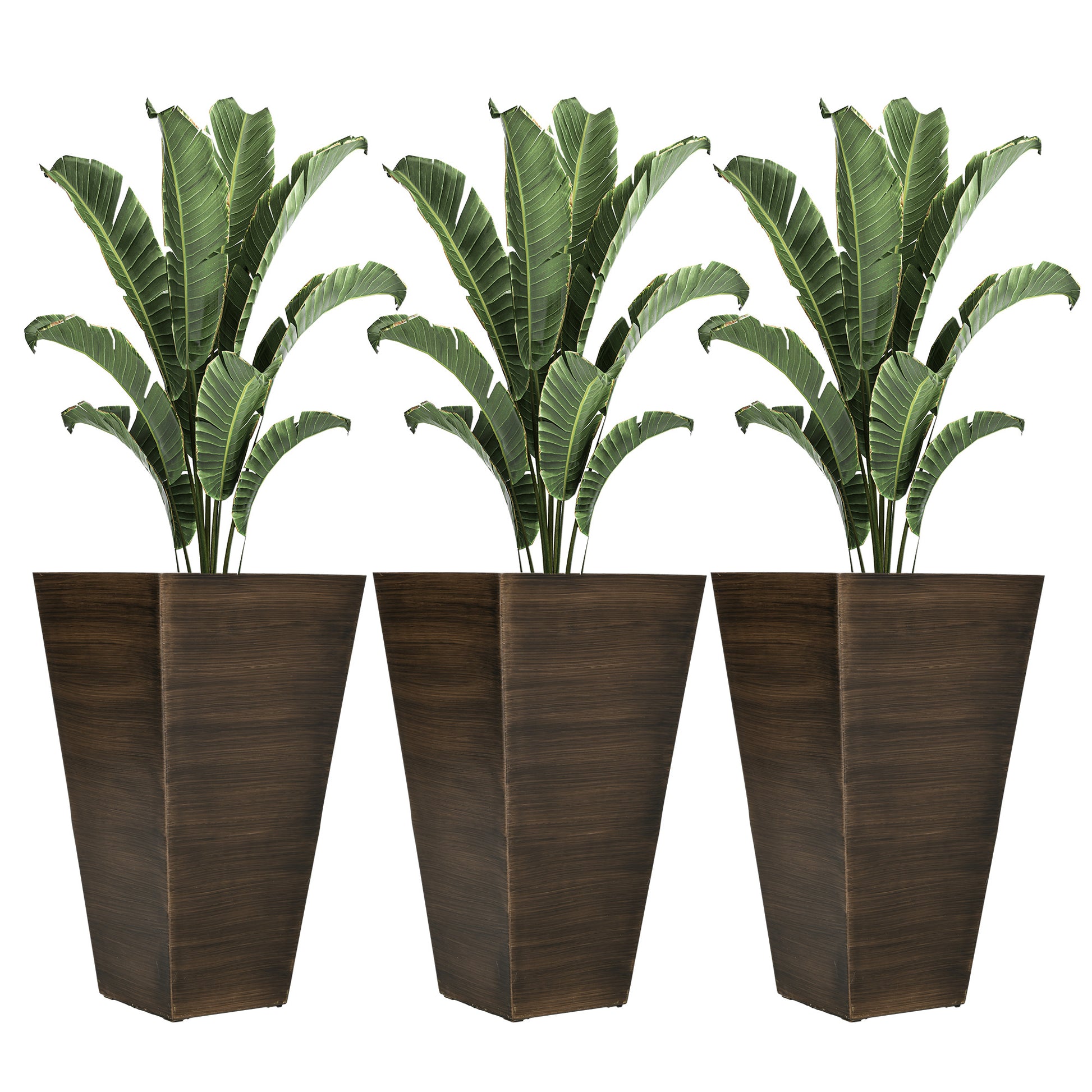 Outsunny 28" Tall Outdoor Planters, Set of 3 Large Taper Planters with Drainage Holes and Plug, Faux Wood Plastic Flower Pots for Outdoor, Indoor, Garden, Patio, Brown