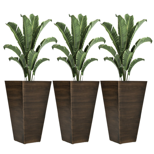 Outsunny 28" Tall Outdoor Planters, Set of 3 Large Taper Planters with Drainage Holes and Plug, Faux Wood Plastic Flower Pots for Outdoor, Indoor, Garden, Patio, Brown