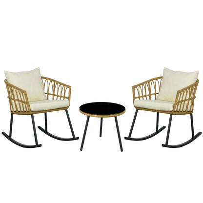 Outsunny 3 Piece Bistro Set with Cushions, Outdoor PE Rattan Wicker Patio Rocking Chair with 2 Porch Rocker Chairs, Glass Top Coffee Table Patio Conversation Set, Cream White