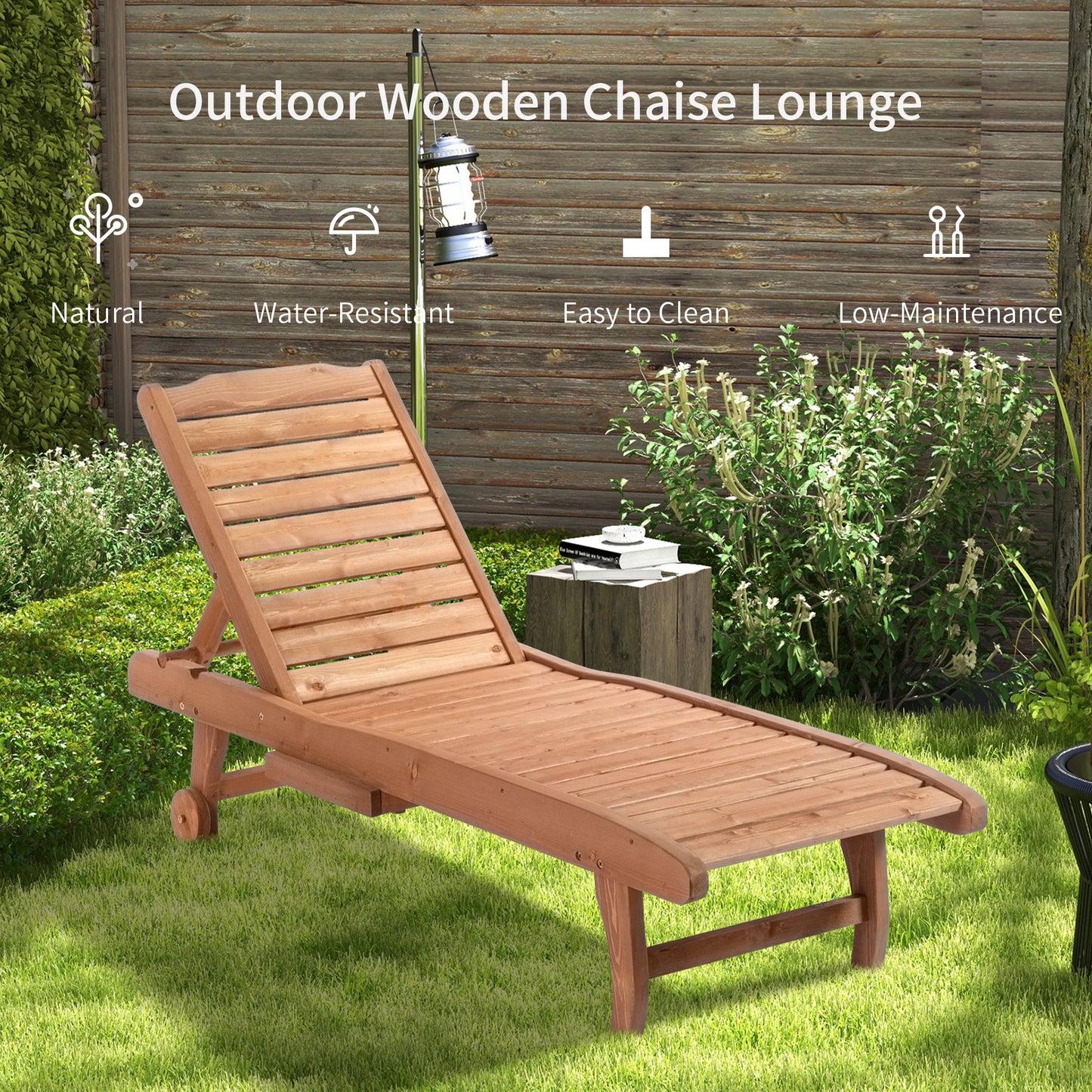 Natural Wood Chaise Lounge Pool Chair with Built-In Table