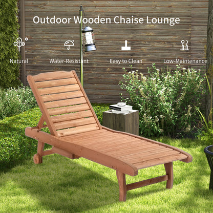 Natural Wood Chaise Lounge Pool Chair with Built-In Table