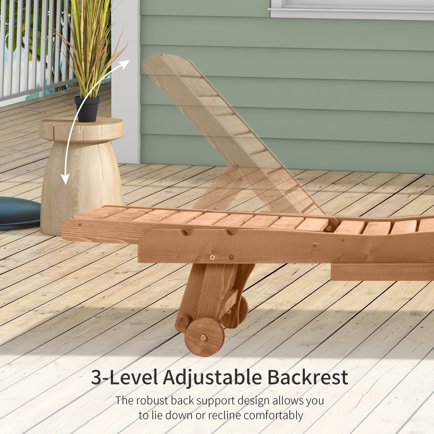 Natural Wood Chaise Lounge Pool Chair with Built-In Table
